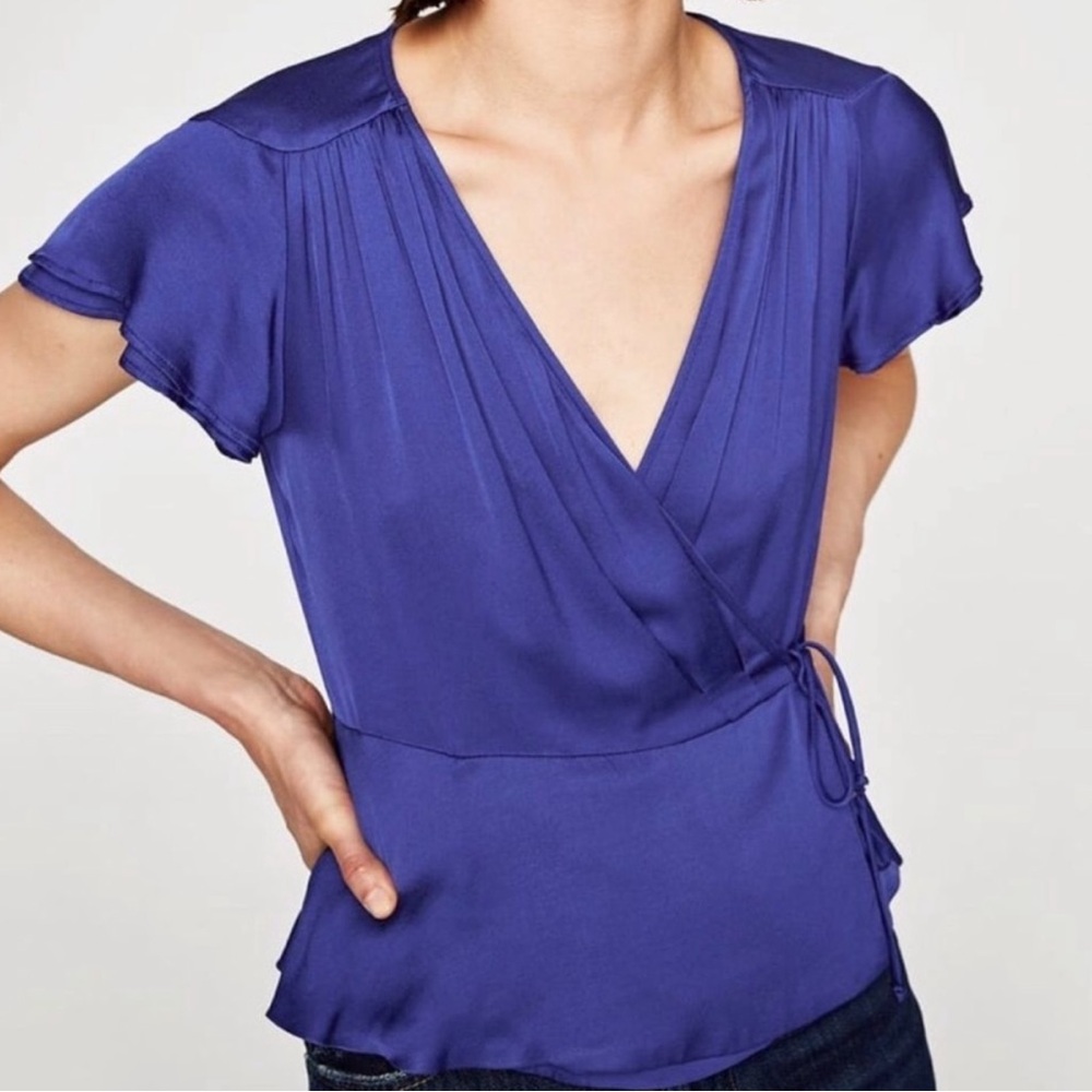 Zara Women Royal Blue Faux Silk Ballet Wrap Peplum Blouse Top